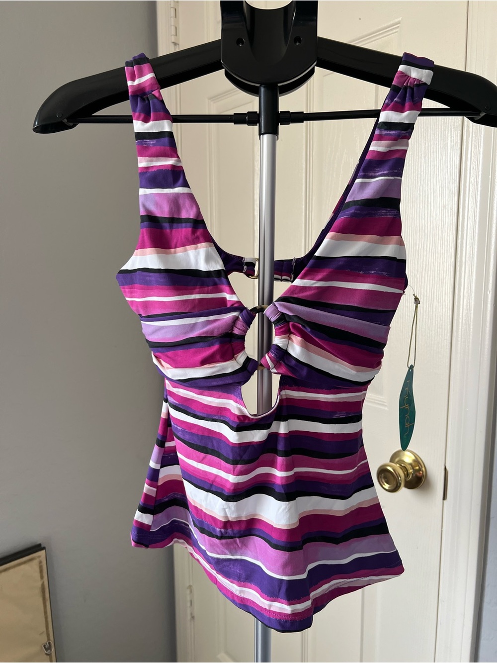 Mynah Purple, Pink & White Striped Camisole Swimsuit Top